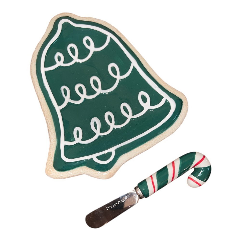 Fitz and Floyd Green Christmas Bell snack Plate and spreader